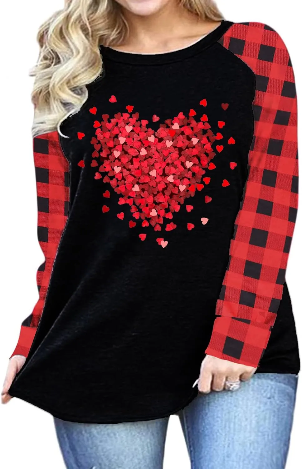 Plus Size Valentines Shirt for Women Cute Love Heart Graphic T-Shirt Long Sleeve Shirts for Her