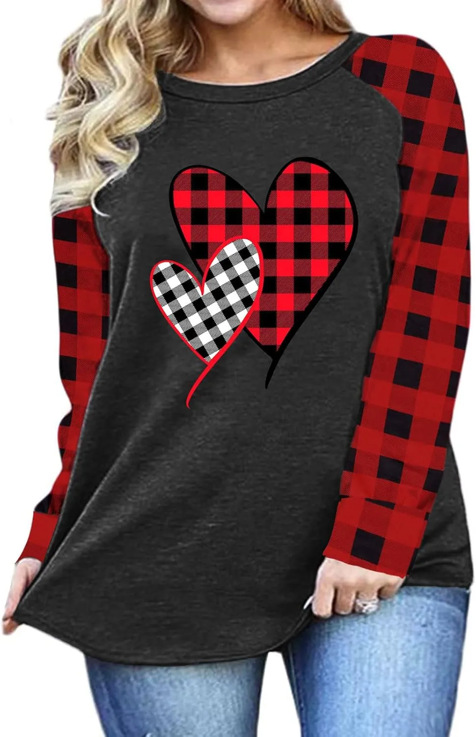 Plus Size Valentines Shirt for Women Cute Love Heart Graphic T-Shirt Long Sleeve Shirts for Her