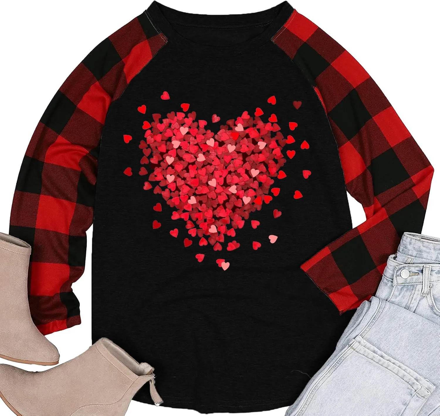 Plus Size Valentines Shirt for Women Cute Love Heart Graphic T-Shirt Long Sleeve Shirts for Her