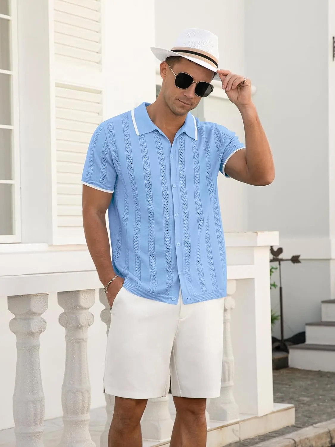 RQP Men's Casual Button Down Shirt Short Sleeve Vintage Clothes Knit Polo Shirts Summer Beach Shirts
