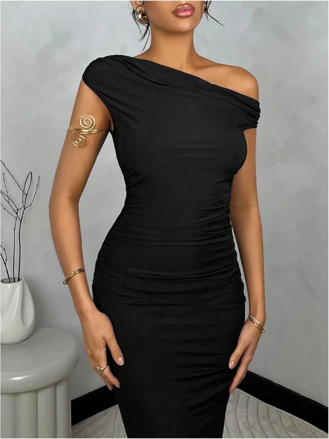 SOLY HUX Women's Off The Shoulder Maxi Dress Bodycon Ruched Asymmetrical Neck Long Dresses Party Evening Dress