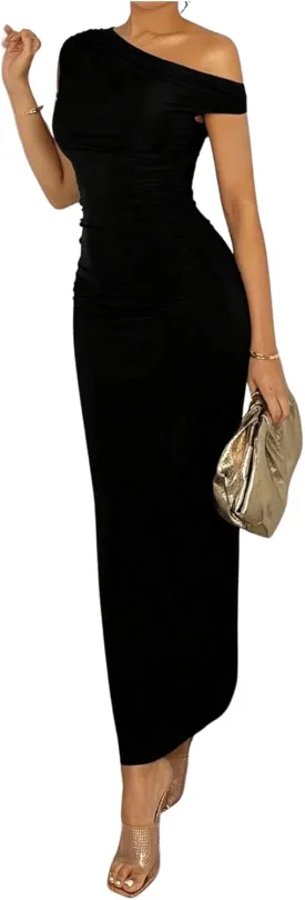 SOLY HUX Women's Off The Shoulder Maxi Dress Bodycon Ruched Asymmetrical Neck Long Dresses Party Evening Dress