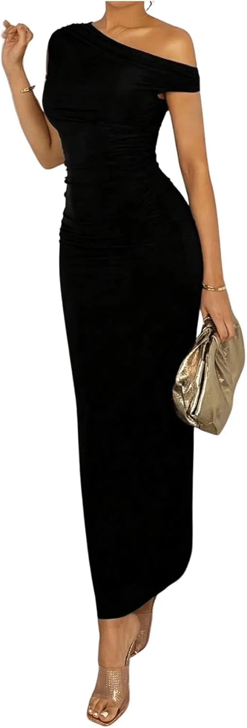 SOLY HUX Women's Off The Shoulder Maxi Dress Bodycon Ruched Asymmetrical Neck Long Dresses Party Evening Dress