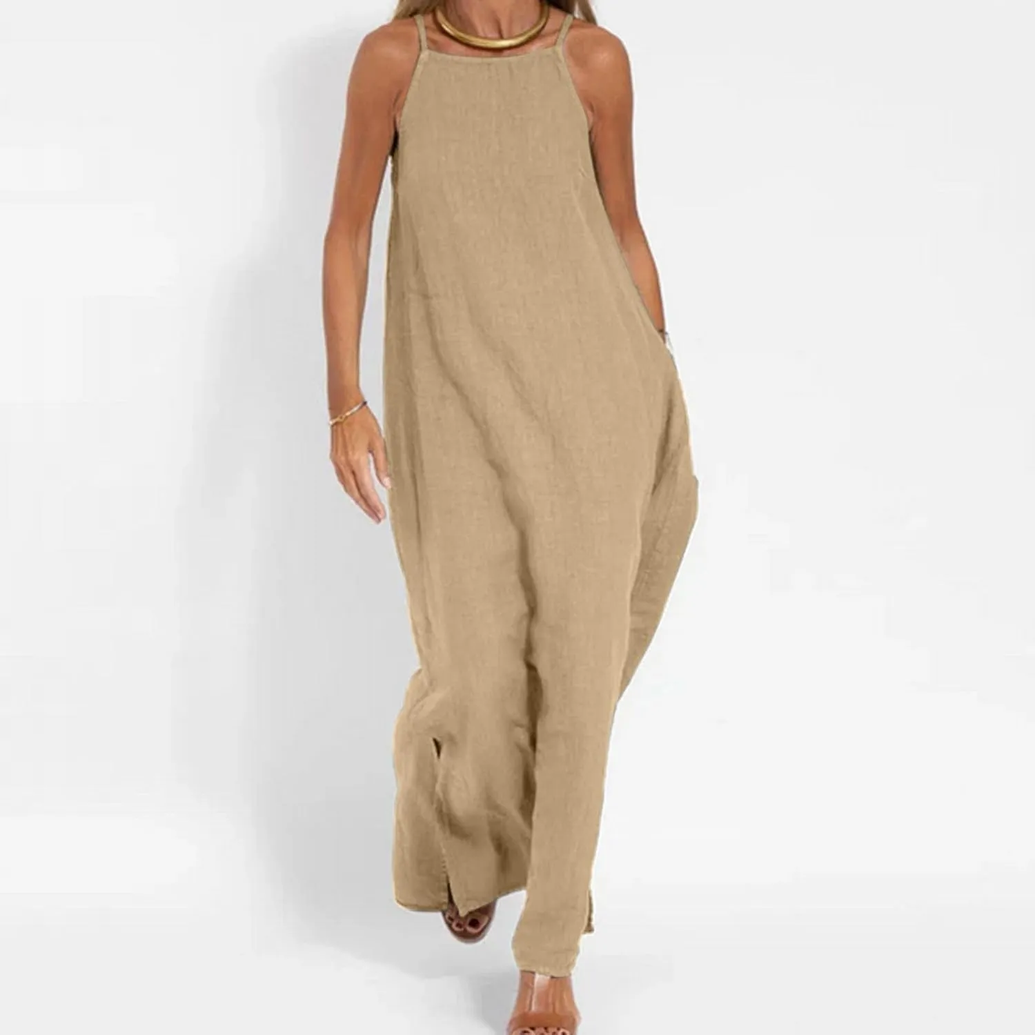 Spaghetti Strap Maxi Dresses for Women Solid Cotton Linen Elegant Slim Sundress Office Work Comfy Basic Long Dress
