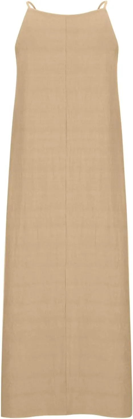 Spaghetti Strap Maxi Dresses for Women Solid Cotton Linen Elegant Slim Sundress Office Work Comfy Basic Long Dress
