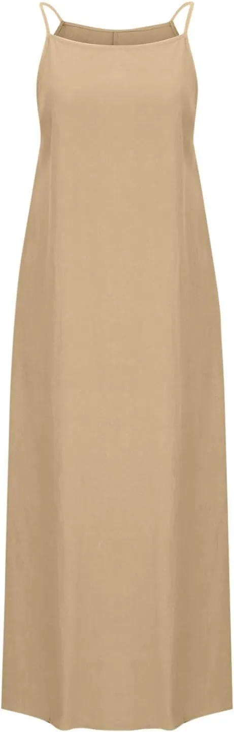Spaghetti Strap Maxi Dresses for Women Solid Cotton Linen Elegant Slim Sundress Office Work Comfy Basic Long Dress
