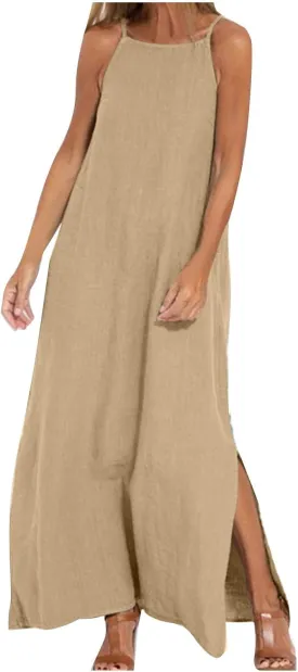 Spaghetti Strap Maxi Dresses for Women Solid Cotton Linen Elegant Slim Sundress Office Work Comfy Basic Long Dress