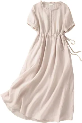 Summer Cotton Linen Dresses for Women Short Sleeve Button Down Tunic Dresses Dressy Casual Flowy Lounge Maxi Dress