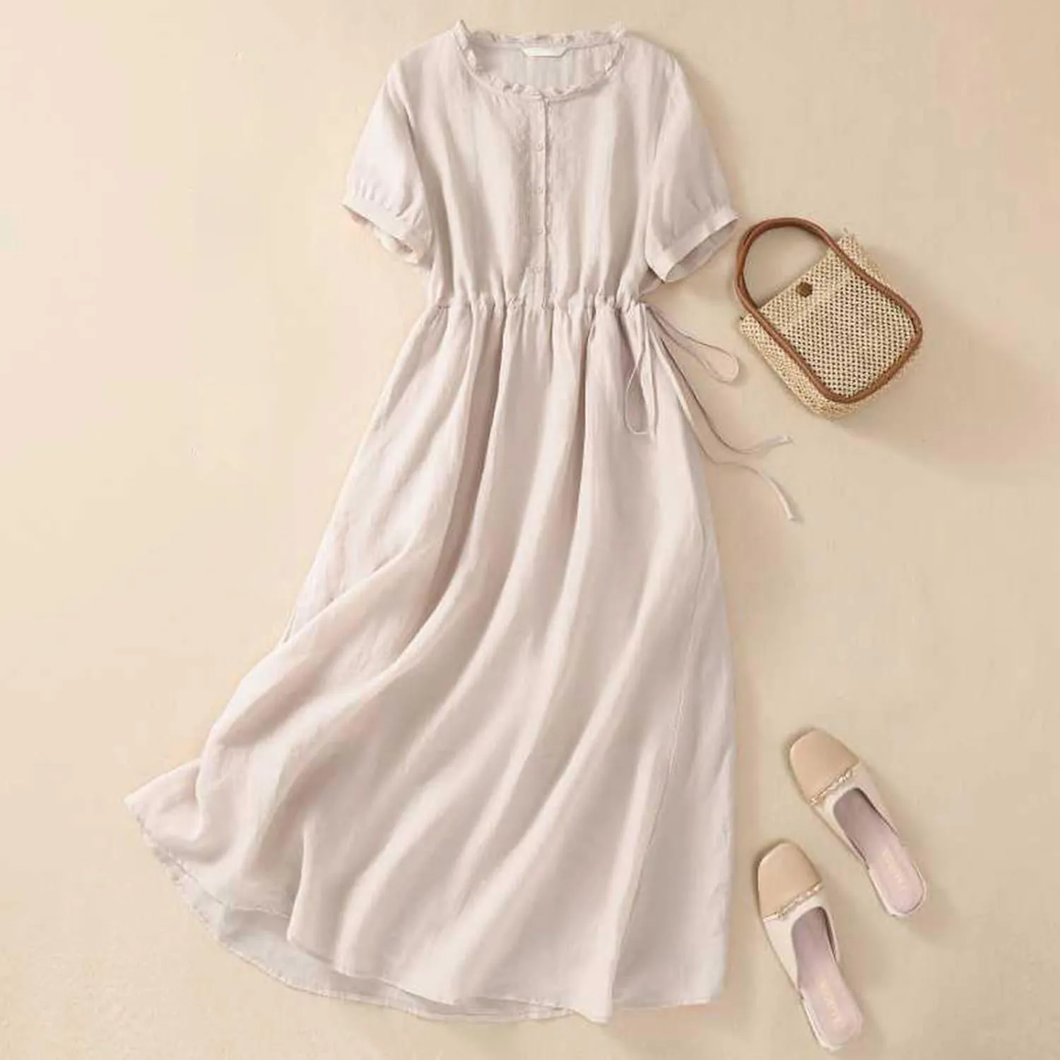 Summer Cotton Linen Dresses for Women Short Sleeve Button Down Tunic Dresses Dressy Casual Flowy Lounge Maxi Dress