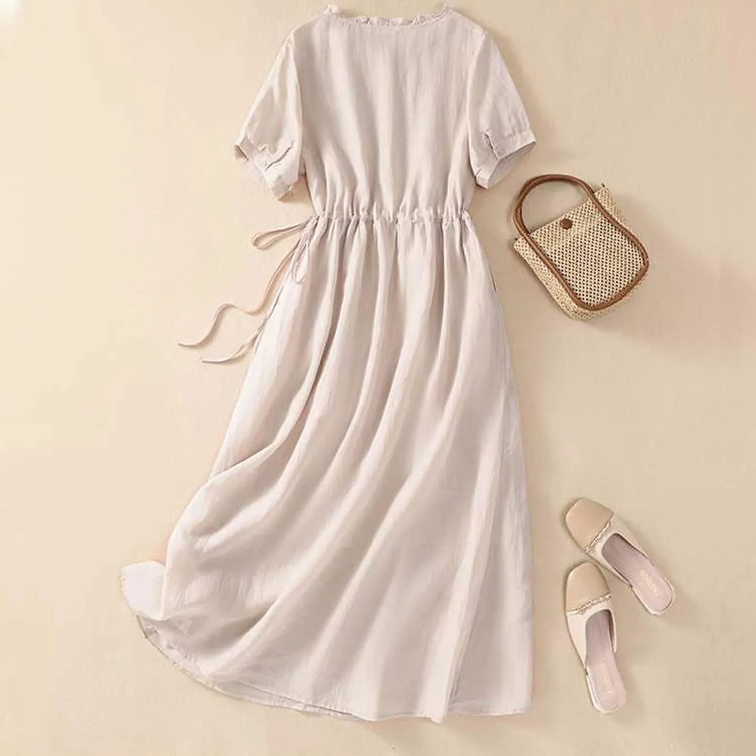 Summer Cotton Linen Dresses for Women Short Sleeve Button Down Tunic Dresses Dressy Casual Flowy Lounge Maxi Dress