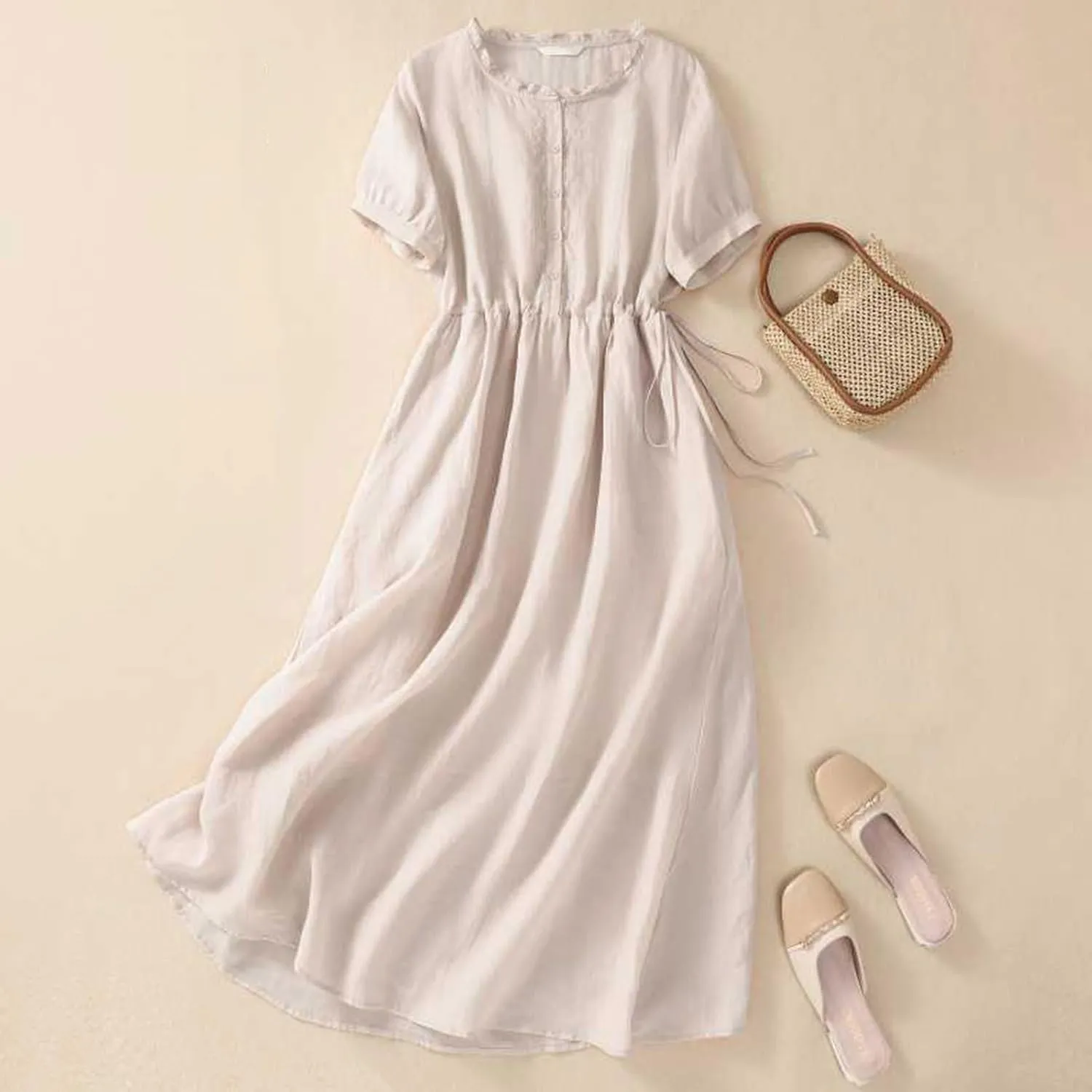 Summer Cotton Linen Dresses for Women Short Sleeve Button Down Tunic Dresses Dressy Casual Flowy Lounge Maxi Dress