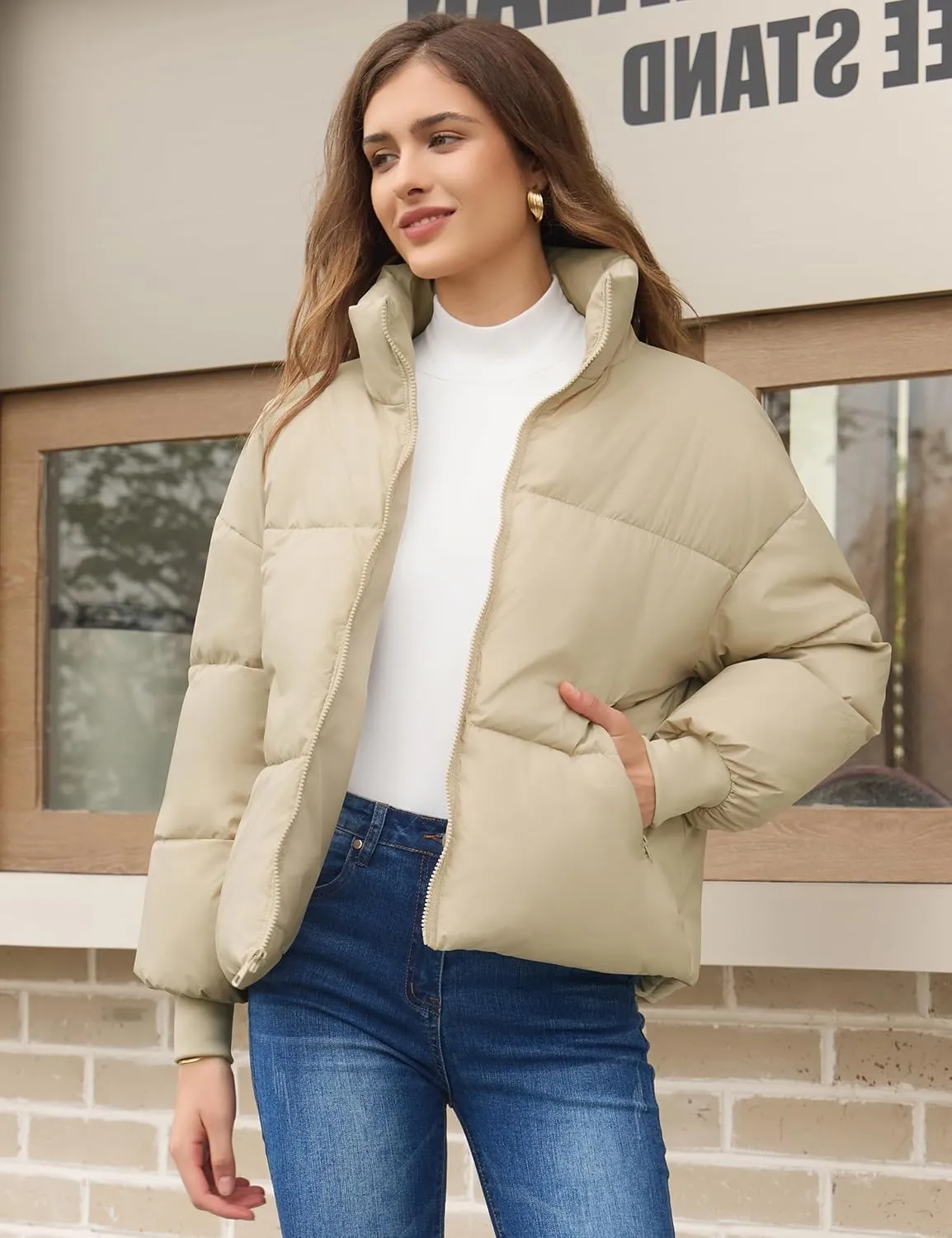 TQD Puffer Jacket Womens Long Sleeve Zip Womens Puffer Jacket Winter Cropped Puffer Jacket Coat Casual Womens Winter Coats
