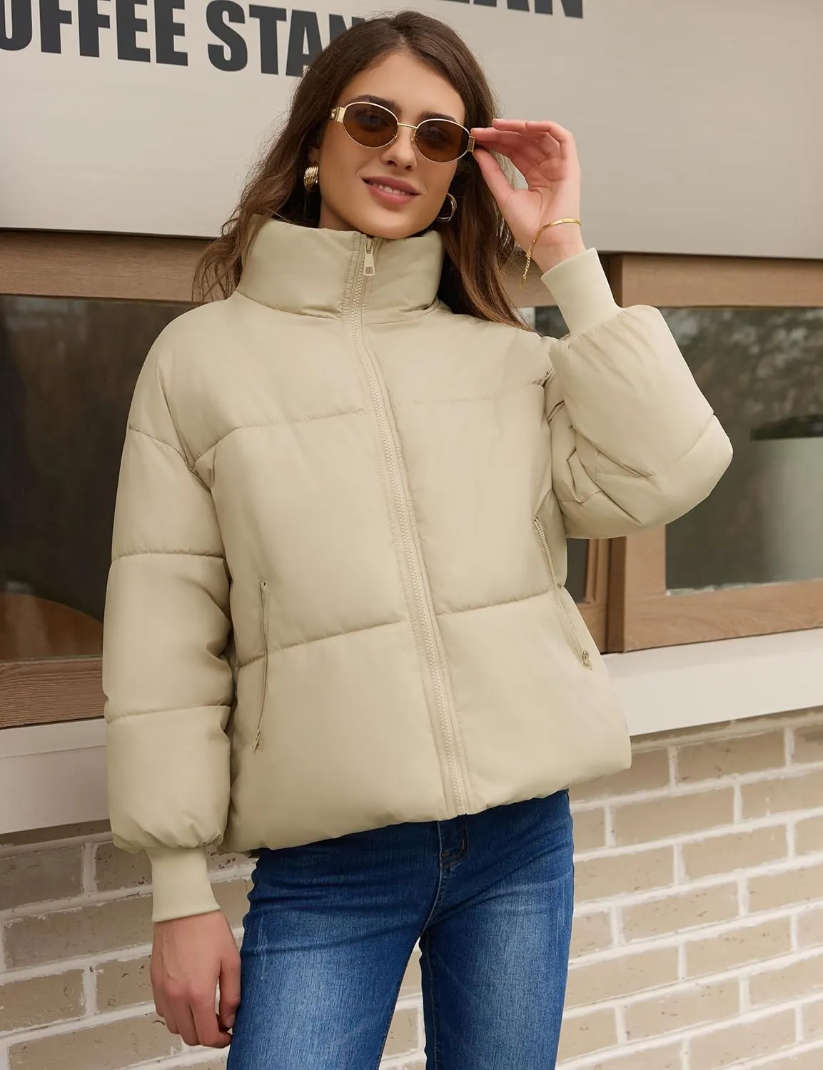 TQD Puffer Jacket Womens Long Sleeve Zip Womens Puffer Jacket Winter Cropped Puffer Jacket Coat Casual Womens Winter Coats