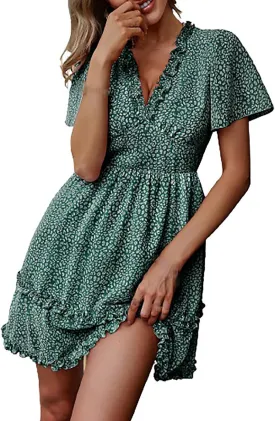 Women Floral Dresses Deep V Neck Short Sleeve Summer Dress Shirred Elastic Waist A-Line Tunic Mini Dress