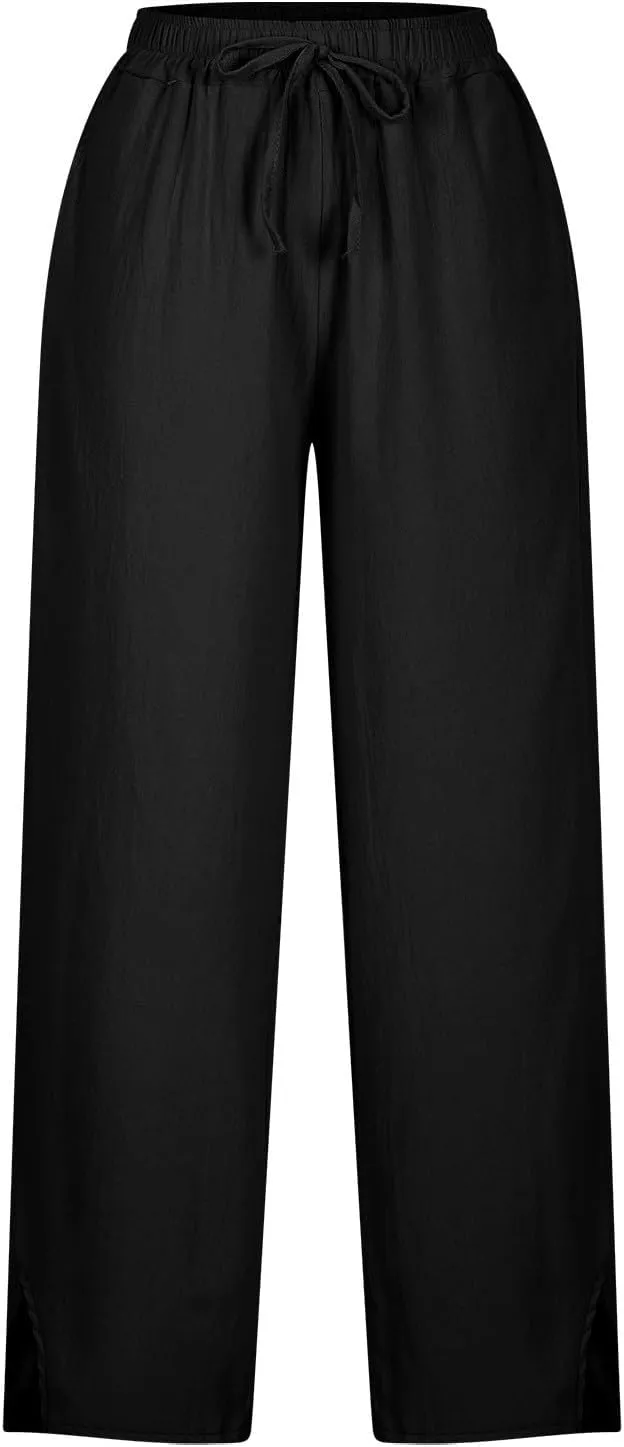 Women Summer Casual Linen Pants Boho Wide Leg Palazzo Pants Drawstring Beach Vacation Outfits Gauze Trendy Ladies Clothes