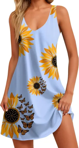 Women Summer Dresses Printed Casual Sundress Vacation Sleeveless Swimsuit Coverup 2025 V Neck Dress with Pocket