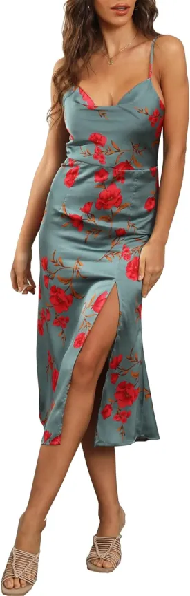Women's Cowl Neck Spaghetti Strap Satin Slip Wedding Guest Formal Midi Evening Dress