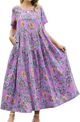 Women's Floral Maxi Dresses Boho Short Sleeve Crewneck Summer Casual Long Dress Flowy Beach Vacation Travel Dresses