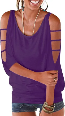 Womens Summer Cold Shoulder Tops 3/4 Sleeve T Shirts Pullover Casual Dolman Blouses