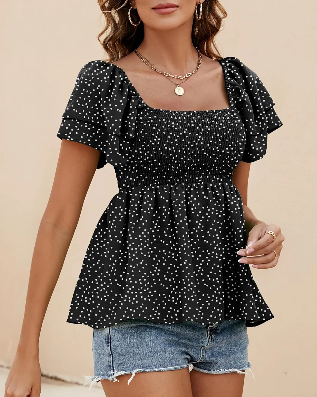 Women's Summer Peplum Tops Square Neck Ruffle Trim Short Sleeve Blouse Smocked Top Dressy Casual Shirts