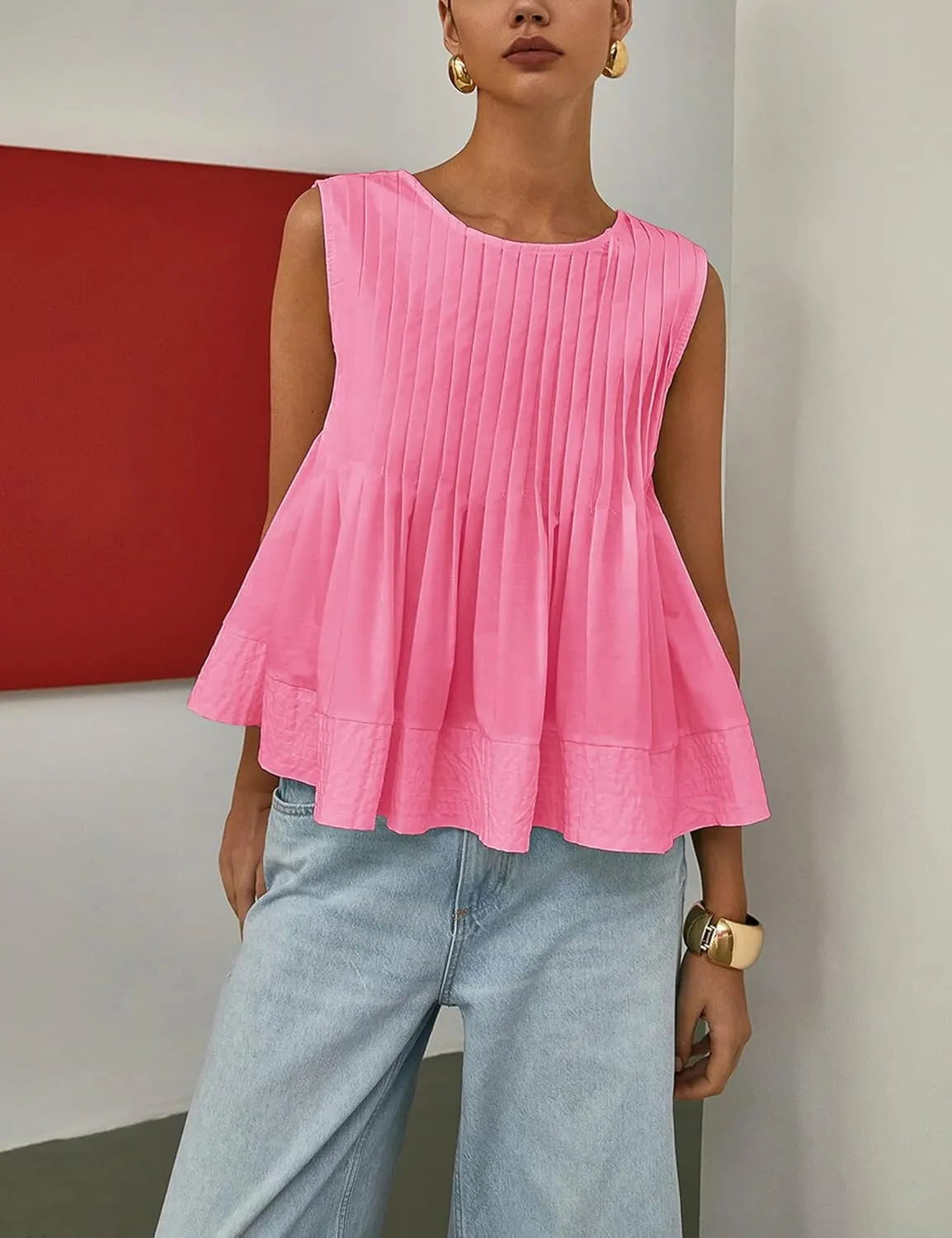 Womens Summer Tank Tops Pleated Babydoll Tops Sleeveless Peplum Casual Blouse T Shirts
