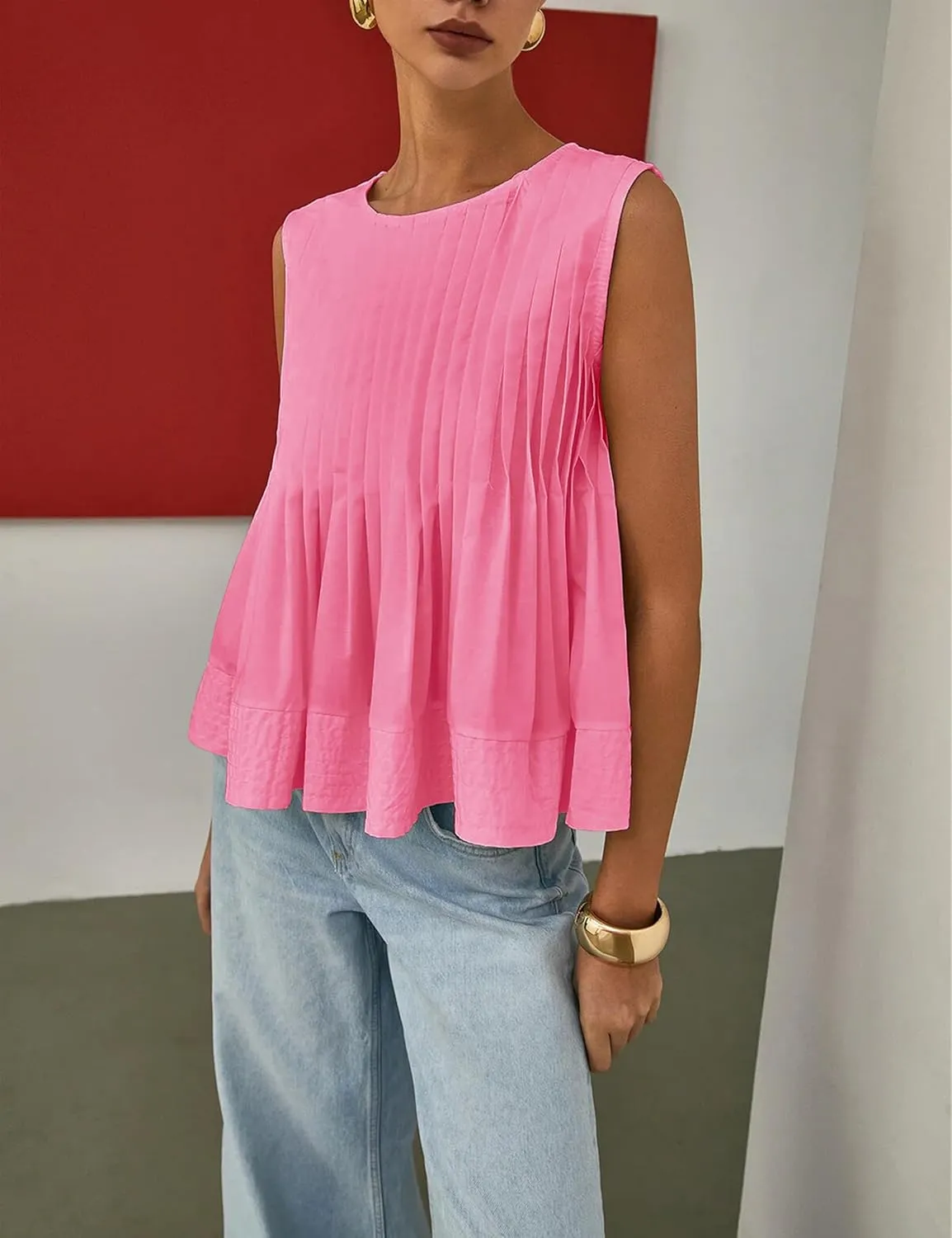 Womens Summer Tank Tops Pleated Babydoll Tops Sleeveless Peplum Casual Blouse T Shirts