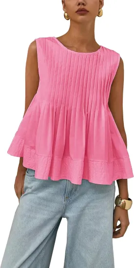 Womens Summer Tank Tops Pleated Babydoll Tops Sleeveless Peplum Casual Blouse T Shirts