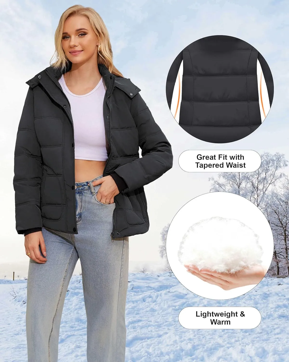 WULFUL Women's Winter Coats Lightweight Warm Thicken Puffer Jacket Waterproof Quilted Winter Jacket with Removable Hood