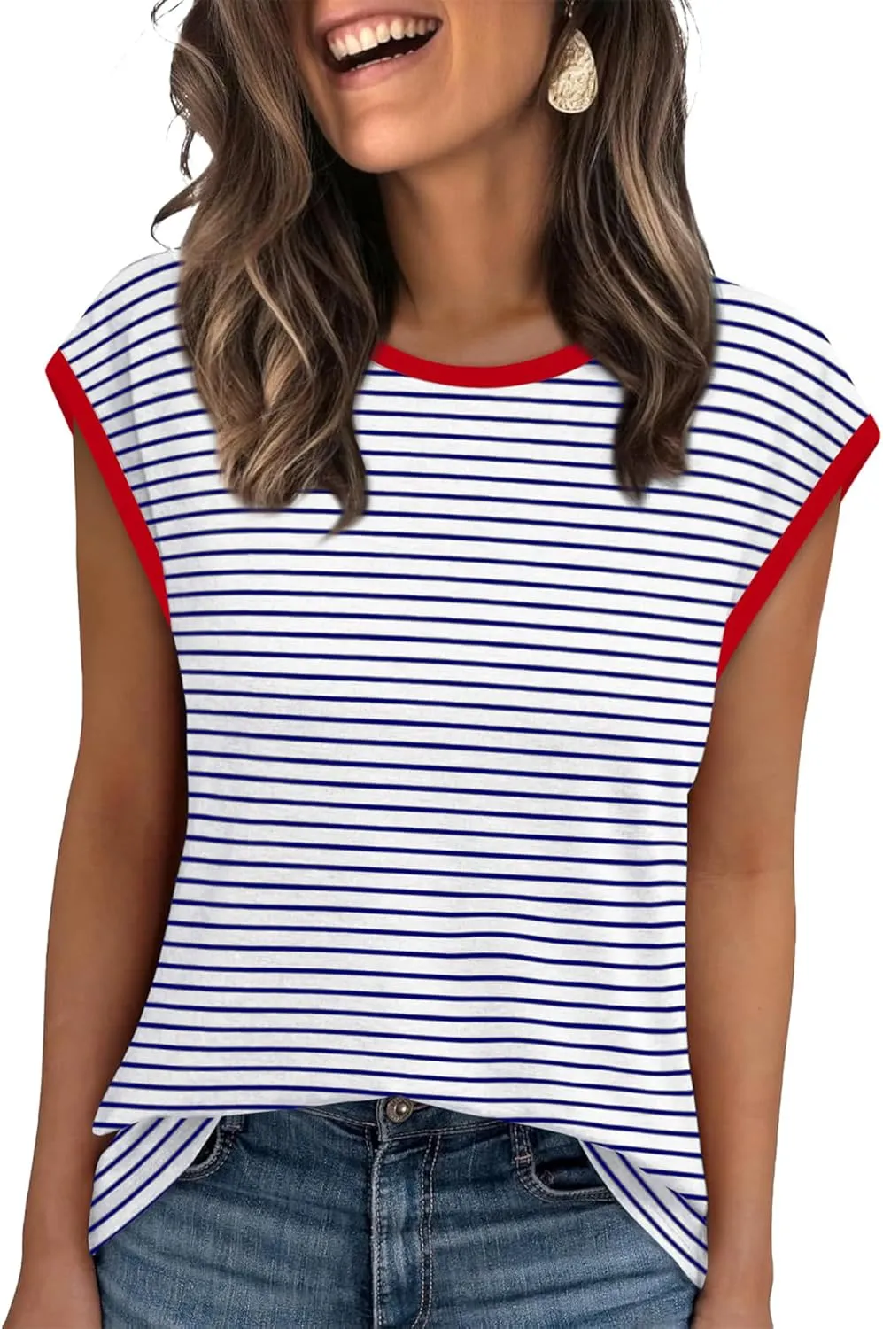 XIEERDUO Womens Tops Dressy Casual Summer Striped Shirts Cap Sleeve Tops Color Block Loose Fit