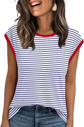 XIEERDUO Womens Tops Dressy Casual Summer Striped Shirts Cap Sleeve Tops Color Block Loose Fit