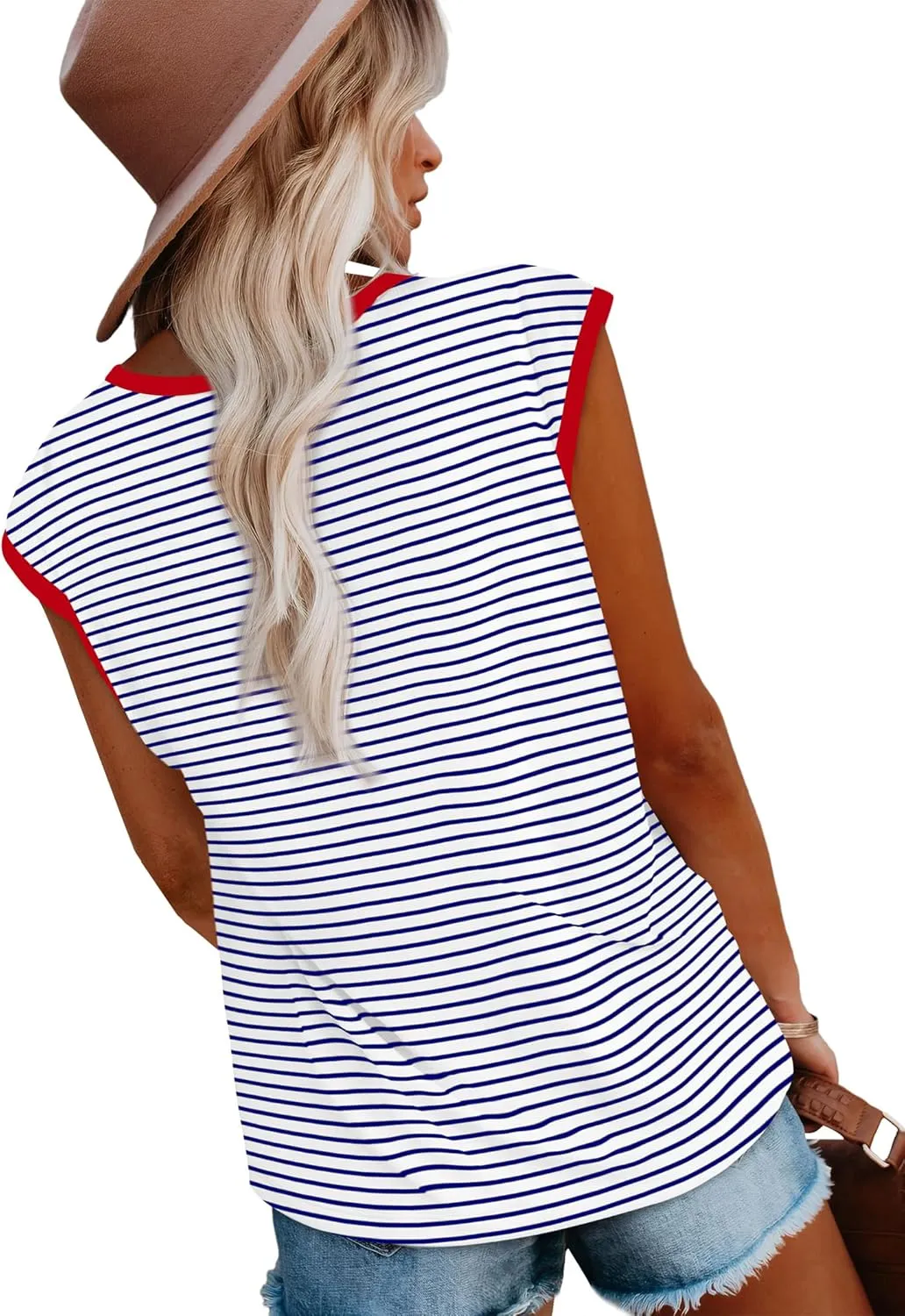XIEERDUO Womens Tops Dressy Casual Summer Striped Shirts Cap Sleeve Tops Color Block Loose Fit