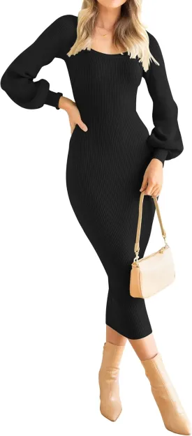 ZESICA Women's 2024 Square Neck Ribbed Knit Dress Puff Long Sleeve Slim Fit Bodycon Fall Winter Pullover Sweater Dress