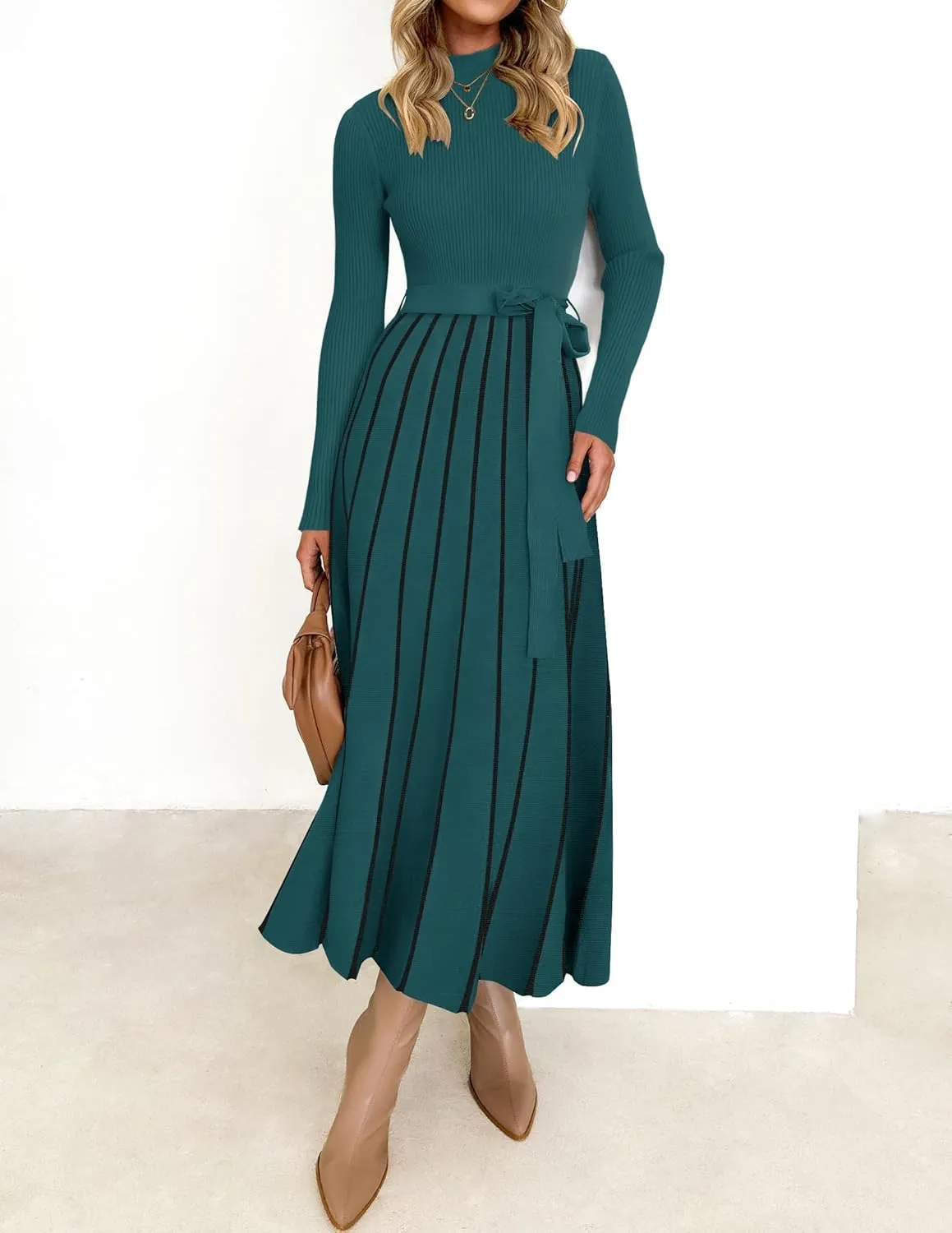 ZESICA Womens 2025 Fall Turtleneck Long Sleeve Sweater Dress Tie Waist Casual Loose Ribbed Knit A Line Midi Dresses