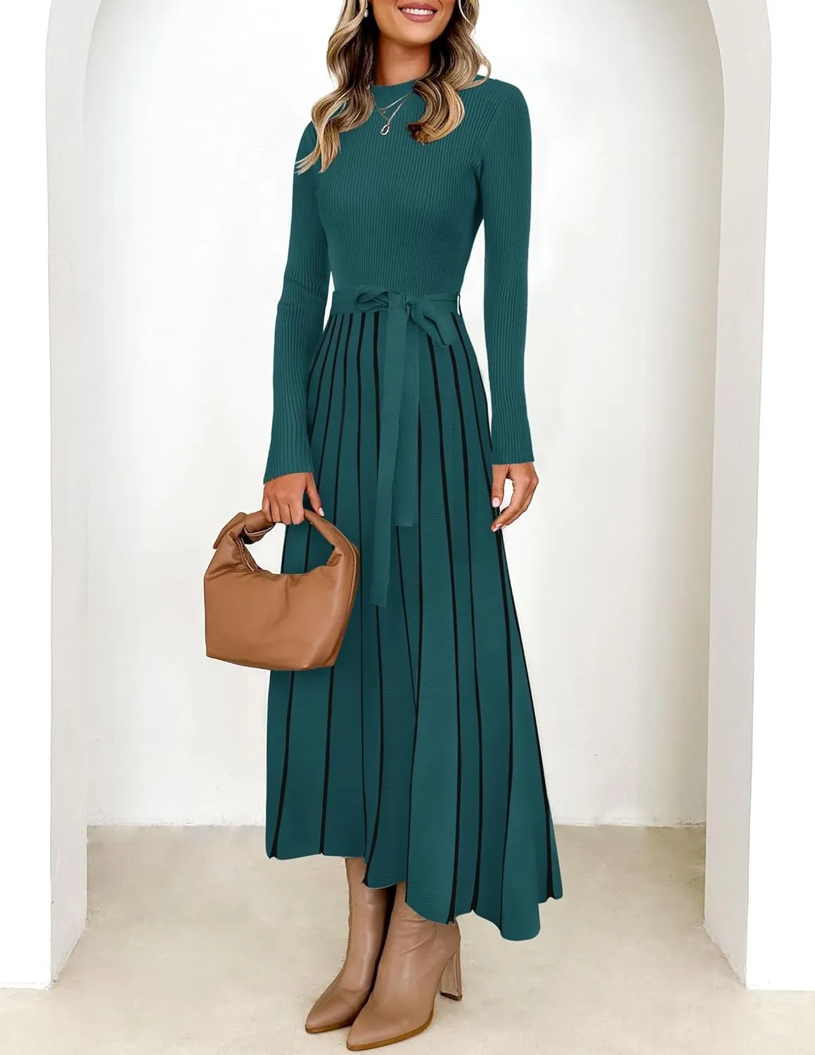 ZESICA Womens 2025 Fall Turtleneck Long Sleeve Sweater Dress Tie Waist Casual Loose Ribbed Knit A Line Midi Dresses
