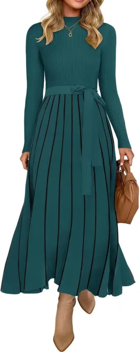 ZESICA Womens 2025 Fall Turtleneck Long Sleeve Sweater Dress Tie Waist Casual Loose Ribbed Knit A Line Midi Dresses