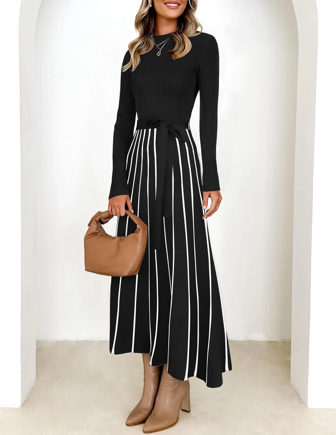 ZESICA Womens 2025 Fall Turtleneck Long Sleeve Sweater Dress Tie Waist Casual Loose Ribbed Knit A Line Midi Dresses