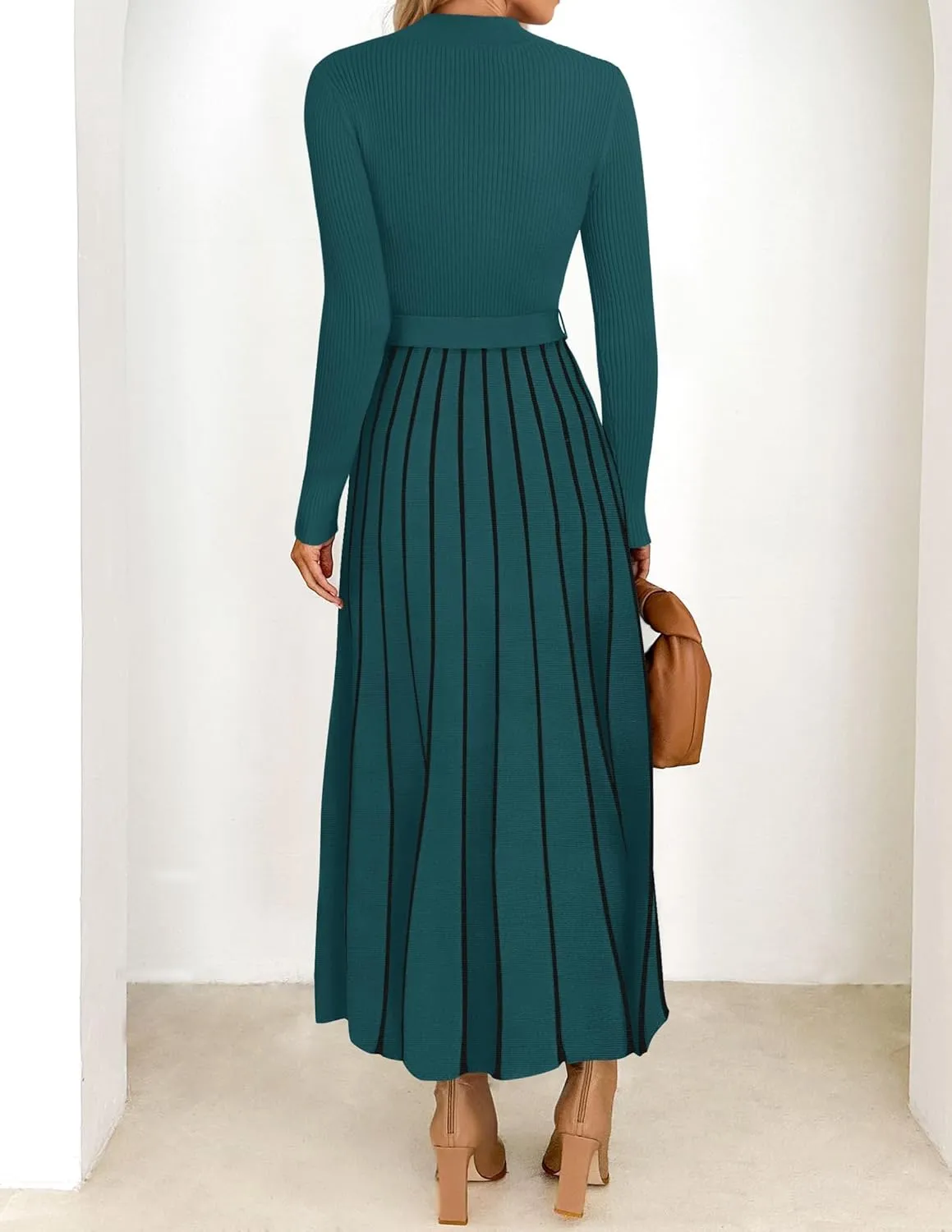 ZESICA Womens 2025 Fall Turtleneck Long Sleeve Sweater Dress Tie Waist Casual Loose Ribbed Knit A Line Midi Dresses