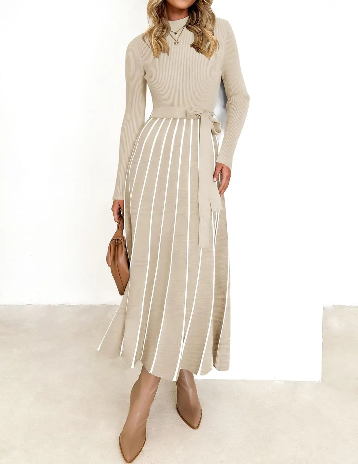 ZESICA Womens Spring Turtleneck Long Sleeve Sweater Dress Tie Waist Casual Loose Ribbed Knit A Line Midi Dresses