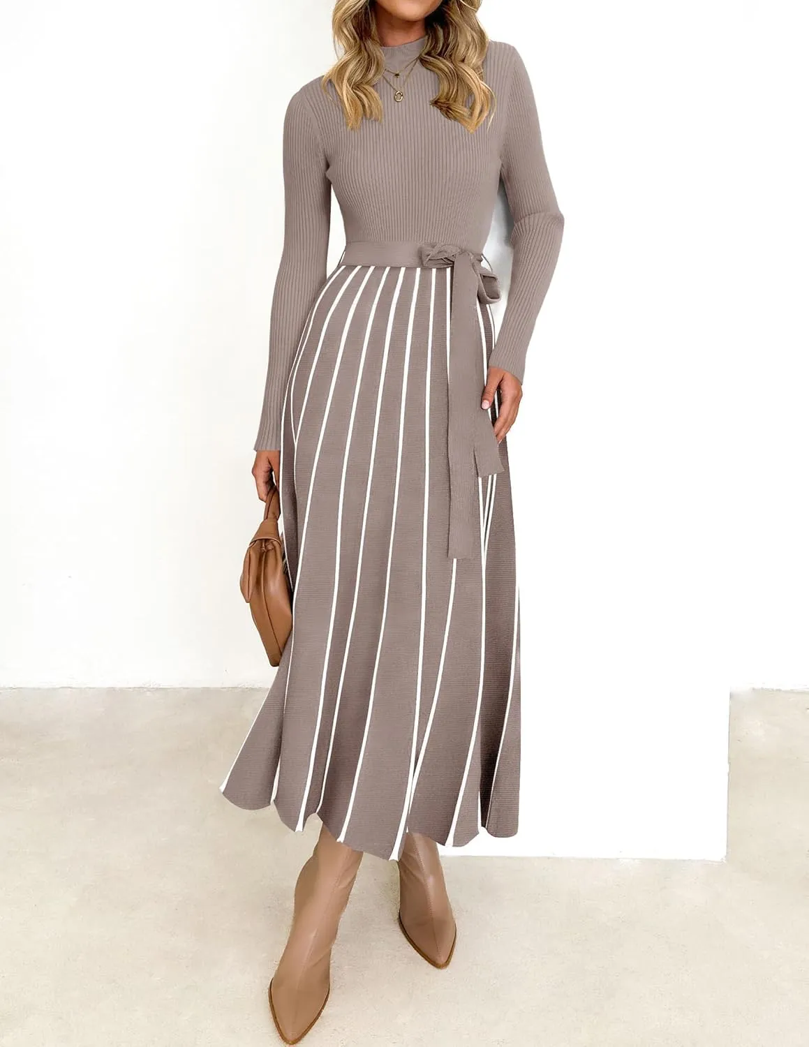 ZESICA Womens Spring Turtleneck Long Sleeve Sweater Dress Tie Waist Casual Loose Ribbed Knit A Line Midi Dresses