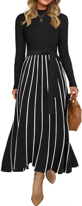 ZESICA Womens Spring Turtleneck Long Sleeve Sweater Dress Tie Waist Casual Loose Ribbed Knit A Line Midi Dresses