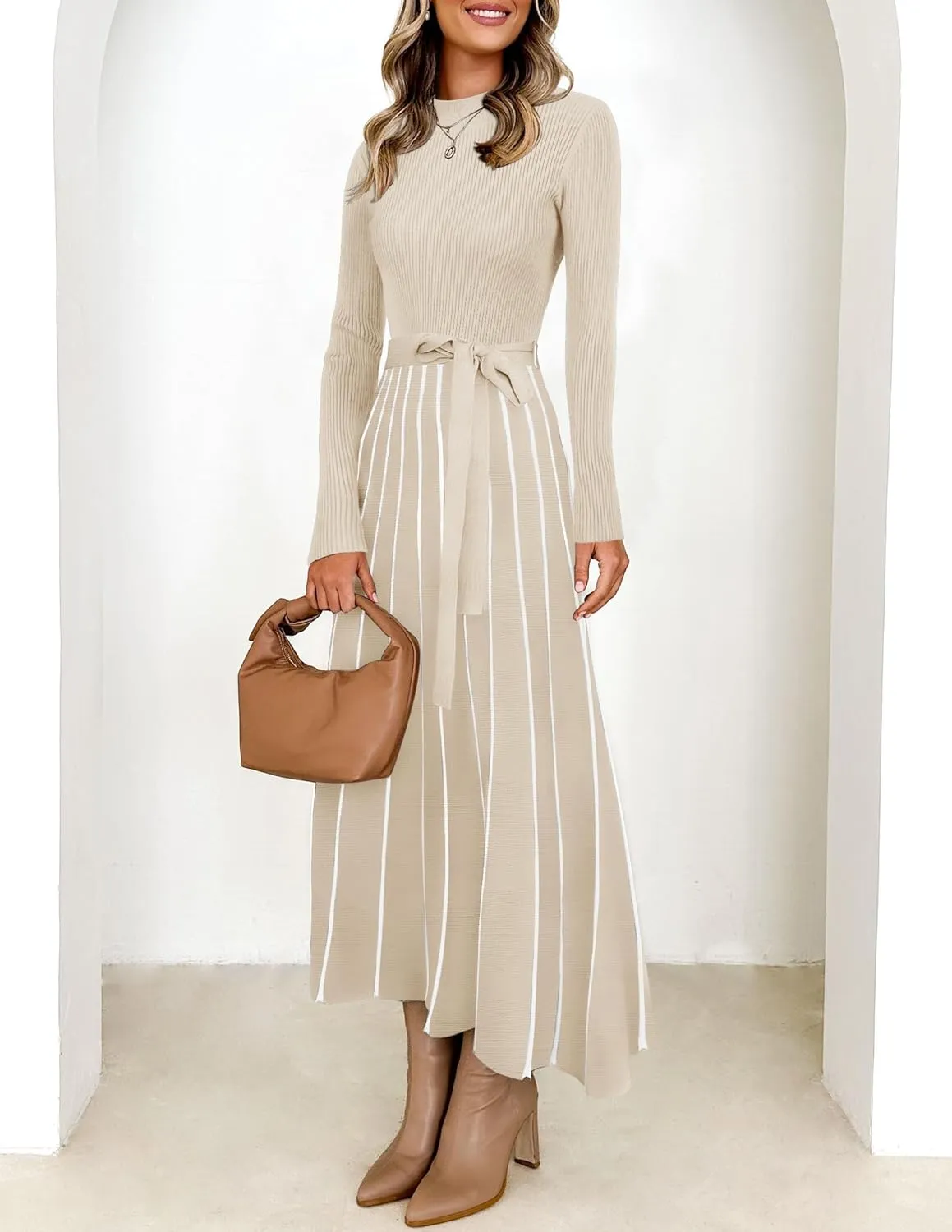ZESICA Womens Spring Turtleneck Long Sleeve Sweater Dress Tie Waist Casual Loose Ribbed Knit A Line Midi Dresses