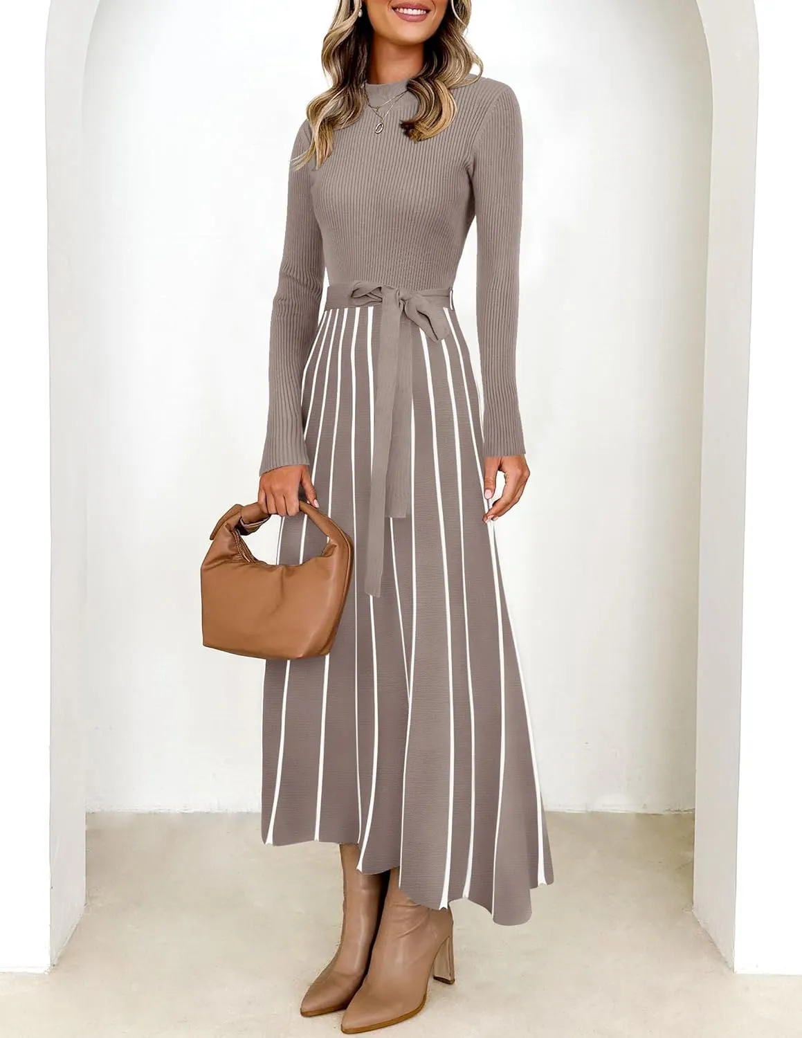 ZESICA Womens Spring Turtleneck Long Sleeve Sweater Dress Tie Waist Casual Loose Ribbed Knit A Line Midi Dresses