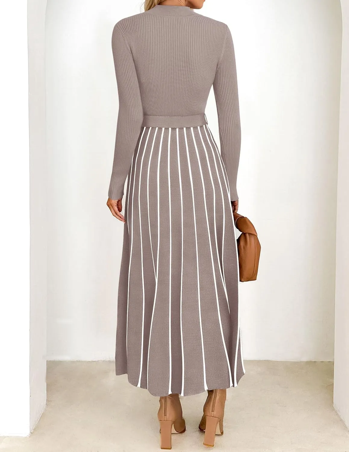 ZESICA Womens Spring Turtleneck Long Sleeve Sweater Dress Tie Waist Casual Loose Ribbed Knit A Line Midi Dresses