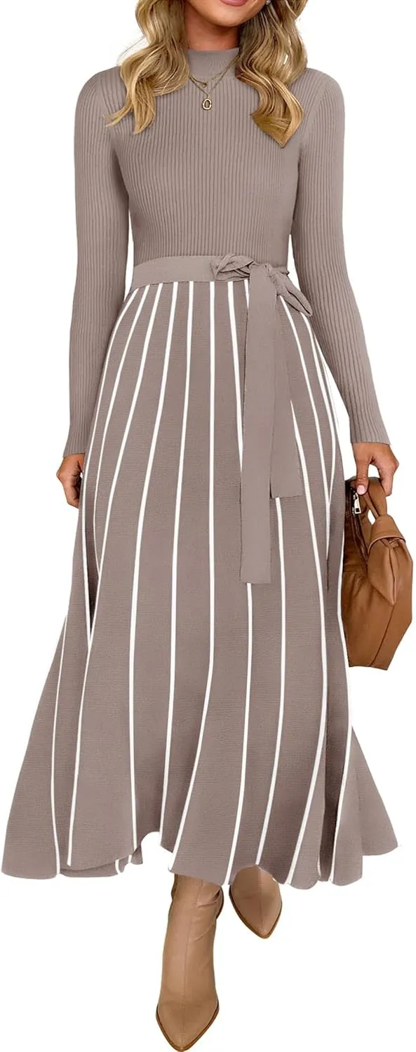 ZESICA Womens Spring Turtleneck Long Sleeve Sweater Dress Tie Waist Casual Loose Ribbed Knit A Line Midi Dresses
